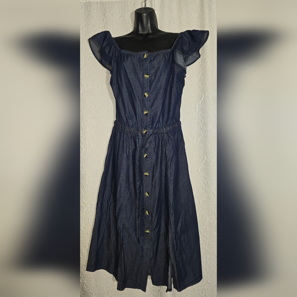 Millennium Denim Elastic Waist Button Down Flutter SleeveDress Front Slits Sz M